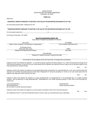 Thumbnail Selective Insurance 10-Q Quarterly Report FY2011 