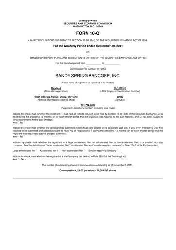 Thumbnail Sandy Spring Bank 10-Q Quarterly Report FY2011 