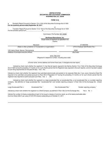 Thumbnail Northwest Bancshares
 10-Q Quarterly Report FY2011 