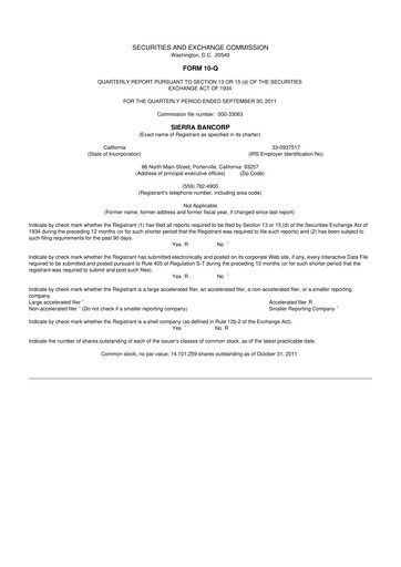 Thumbnail Sierra Bancorp
 10-Q Quarterly Report FY2011 