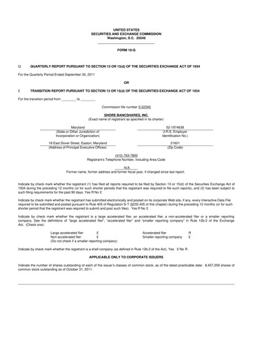 Thumbnail Shore Bancshares 10-Q Quarterly Report FY2011 
