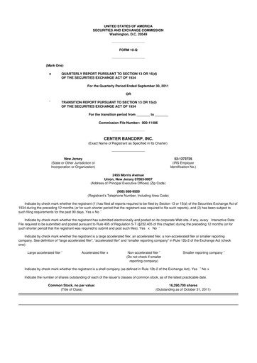 Miniature ConnectOne Bancorp 10-Q Rapport trimestriel 2011 
