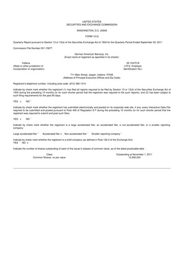 Thumbnail German American Bancorp 10-Q Quarterly Report FY2011 