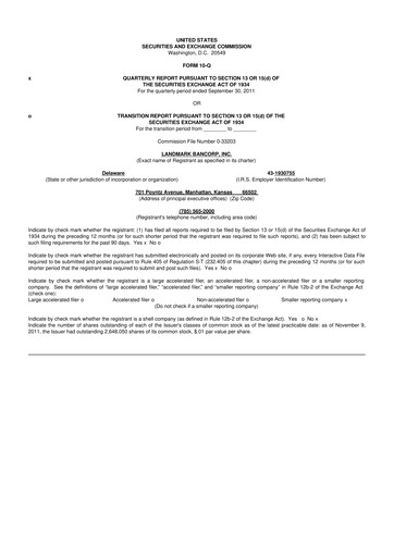 Miniature Landmark Bancorp 10-Q Rapport trimestriel 2011 