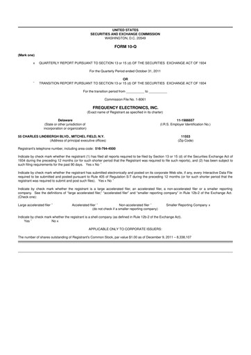 Thumbnail Frequency Electronics 10-Q Quarterly Report FY2012 