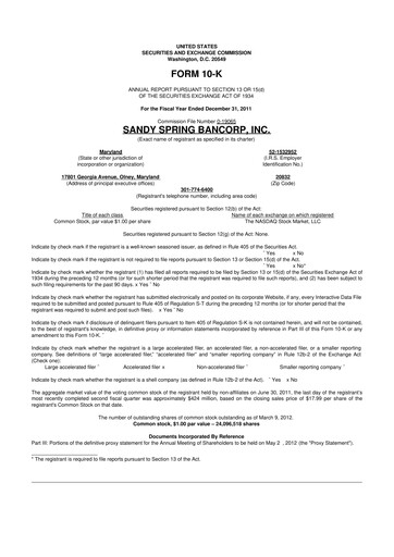 Thumbnail Sandy Spring Bank 10-K Annual Report 2011