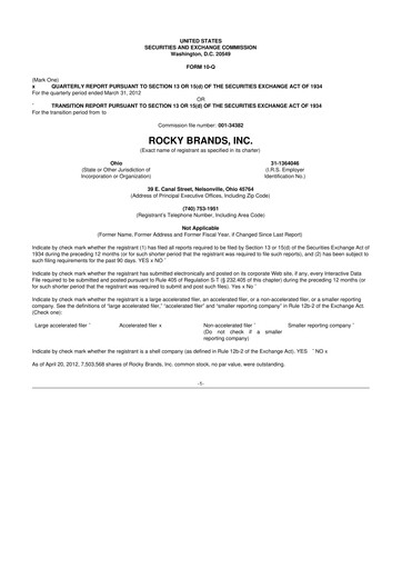Thumbnail Rocky Brands 10-Q Quarterly Report FY2012 