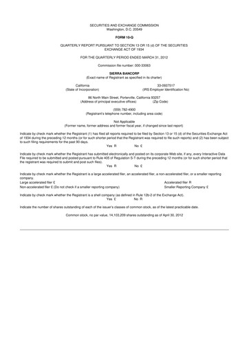 Thumbnail Sierra Bancorp
 10-Q Quarterly Report FY2012 