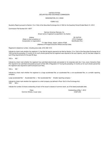 Thumbnail German American Bancorp 10-Q Quarterly Report FY2012 