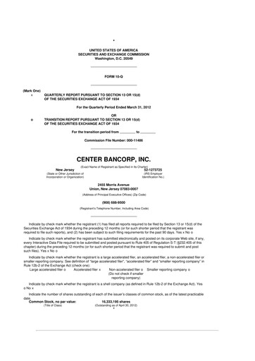 Miniature ConnectOne Bancorp 10-Q Rapport trimestriel 2012 