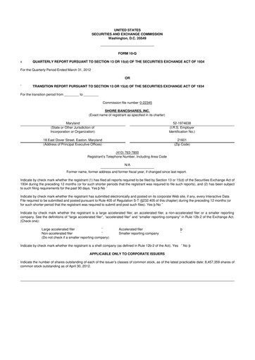 Thumbnail Shore Bancshares 10-Q Quarterly Report FY2012 
