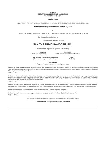Thumbnail Sandy Spring Bank 10-Q Quarterly Report FY2012 