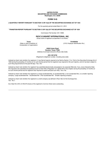 Thumbnail RCI Hospitality Holdings 10-Q Quarterly Report FY2012 