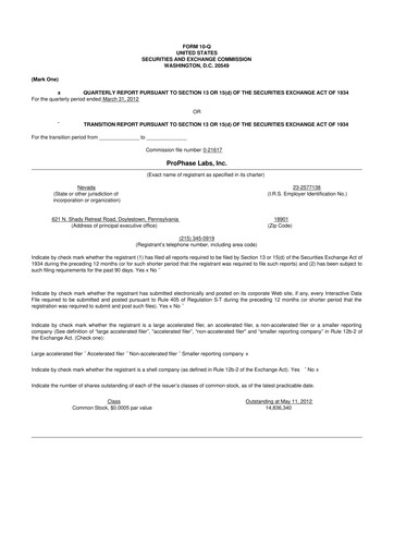 Vorschaubild ProPhase Labs 10-Q Quartalsbericht 2012 