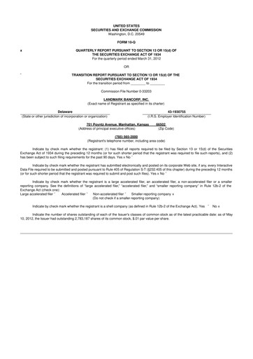 Miniature Landmark Bancorp 10-Q Rapport trimestriel 2012 