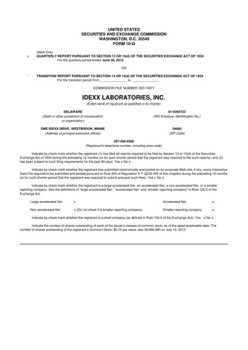 Miniature IDEXX Laboratories 10-Q Rapport trimestriel 2012 