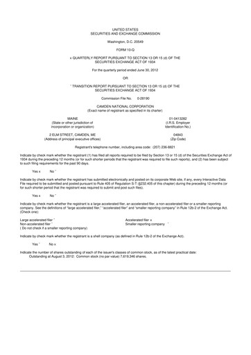 Thumbnail Camden National Corporation
 10-Q Quarterly Report FY2012 