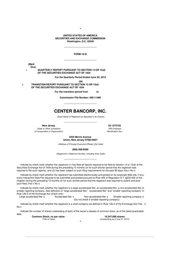 Miniature ConnectOne Bancorp 10-Q Rapport trimestriel  