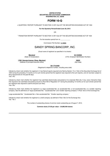 Thumbnail Sandy Spring Bank 10-Q Quarterly Report FY2012 