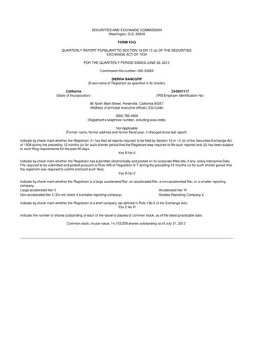 Thumbnail Sierra Bancorp
 10-Q Quarterly Report FY2012 