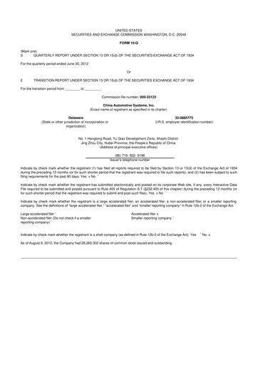 Vorschaubild China Automotive Systems 10-Q Quartalsbericht 2012 