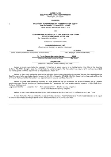 Miniature Landmark Bancorp 10-Q Rapport trimestriel 2012 