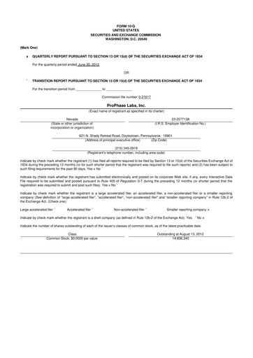 Vorschaubild ProPhase Labs 10-Q Quartalsbericht 2012 