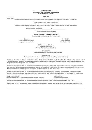 Thumbnail BrainStorm Cell Therapeutics 10-Q Quarterly Report FY 