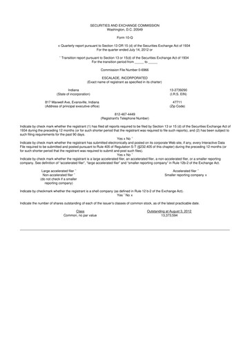 Thumbnail Escalade Sports 10-Q Quarterly Report FY2012 