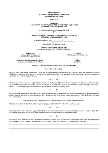 Thumbnail Trinity Place Holdings
 10-Q Quarterly Report FY 