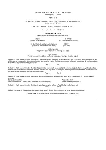 Thumbnail Sierra Bancorp
 10-Q Quarterly Report FY2012 