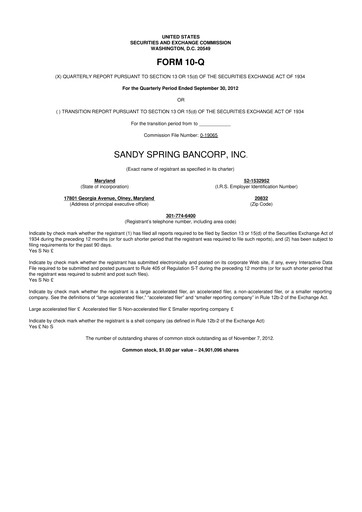 Thumbnail Sandy Spring Bank 10-Q Quarterly Report FY2012 