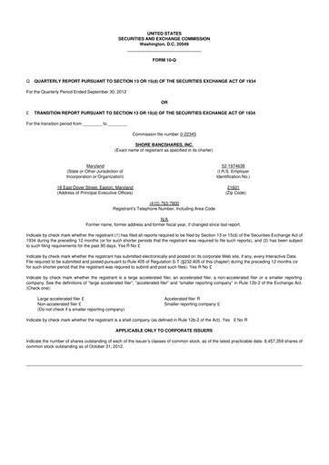 Thumbnail Shore Bancshares 10-Q Quarterly Report FY2012 