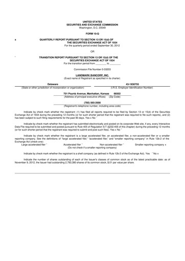 Miniature Landmark Bancorp 10-Q Rapport trimestriel 2012 