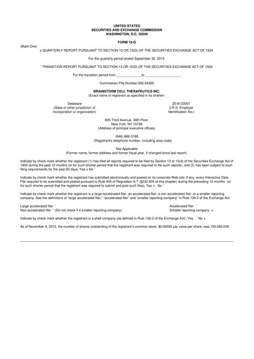 Thumbnail BrainStorm Cell Therapeutics 10-Q Quarterly Report FY2012 