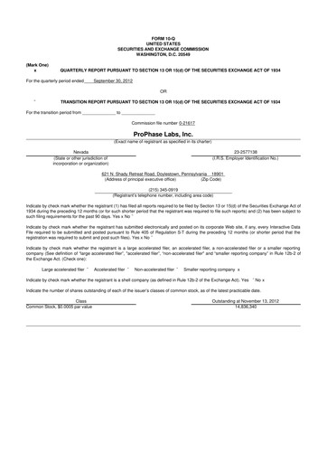 Vorschaubild ProPhase Labs 10-Q Quartalsbericht 2012 