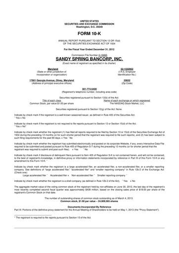 Thumbnail Sandy Spring Bank 10-K Annual Report 2012