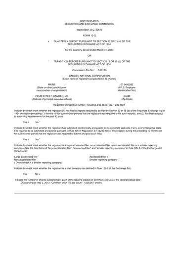 Thumbnail Camden National Corporation
 10-Q Quarterly Report FY2013 