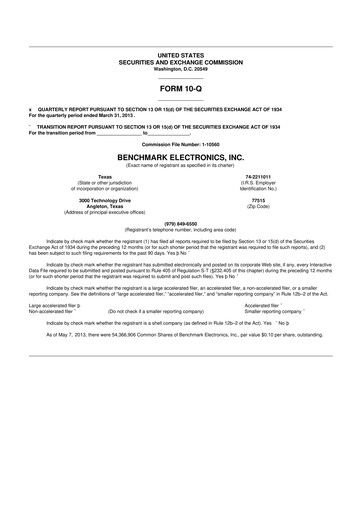 Thumbnail Benchmark Electronics
 10-Q Quarterly Report FY2013 