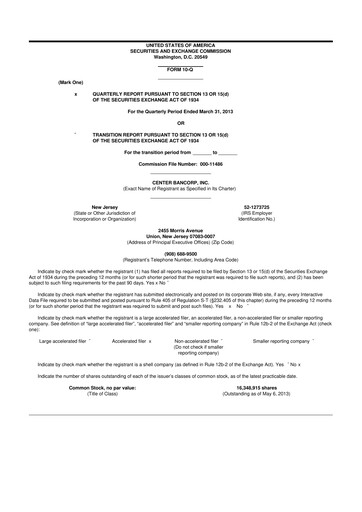 Miniature ConnectOne Bancorp 10-Q Rapport trimestriel 2013 