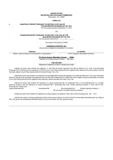 Miniature Landmark Bancorp 10-Q Rapport trimestriel 2013 