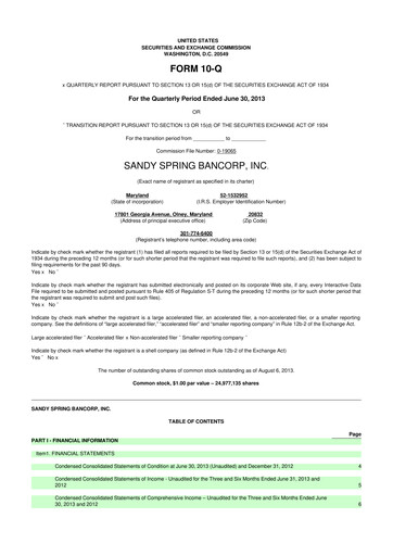 Thumbnail Sandy Spring Bank 10-Q Quarterly Report FY2013 