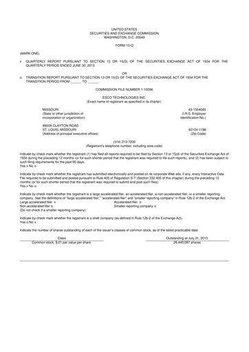 Thumbnail ESCO Technologies
 10-Q Quarterly Report FY2013 