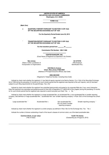 Miniature ConnectOne Bancorp 10-Q Rapport trimestriel 2013 