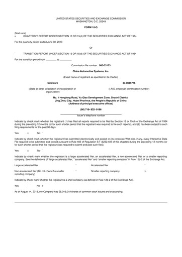 Vorschaubild China Automotive Systems 10-Q Quartalsbericht 2013 