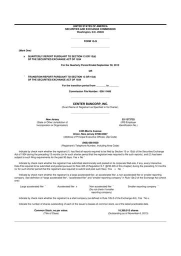 Miniature ConnectOne Bancorp 10-Q Rapport trimestriel 2013 