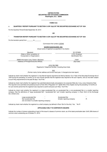Thumbnail Shore Bancshares 10-Q Quarterly Report FY2013 