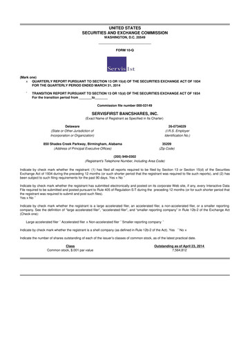Vorschaubild ServisFirst Bancshares 10-Q Quartalsbericht 2014 
