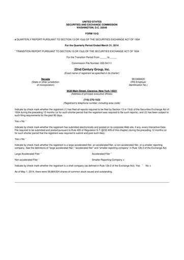 Thumbnail 22nd Century Group
 10-Q Quarterly Report FY2014 