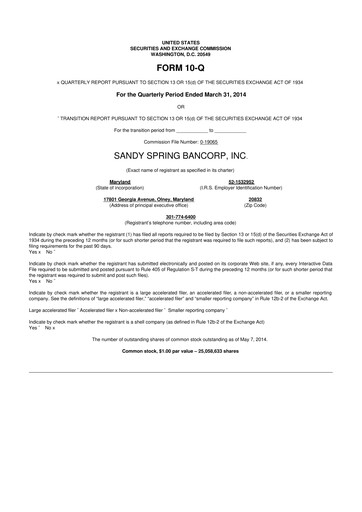 Thumbnail Sandy Spring Bank 10-Q Quarterly Report FY2014 